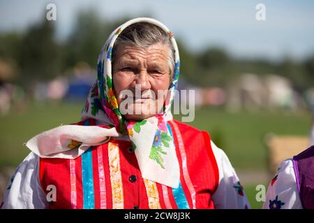 08 29 2020 Belarus, Lyakhovichi. City festival. Old Slavic woman in