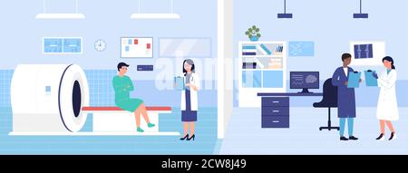 Mri scanner examination vector illustration. Cartoon flat medical scan hospital lab room with Mri machine, doctor characters exam patient, discuss diagnosis and treatment. Medicine research background Stock Vector