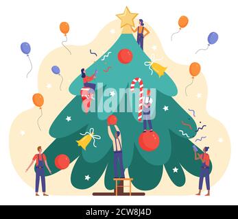 Decorate Christmas tree vector illustration. Cartoon flat tiny people decorating Xmas fir tree for celebrating New Year Eve, holding garland balls. Decoration for holiday celebration isolated on white Stock Vector