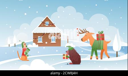 Animals with Christmas gifts vector illustration. Cartoon flat snowy winter cute scene with wooden house cabin in snow and funny wild forest animals holding gift boxes. Xmas greeting card background Stock Vector