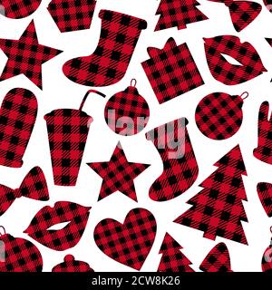 Checkered Hat, gloves, seamless pattern. Red and white vichy color. Winter Merry Christmas design surface. Vector illustration isolated on white Stock Vector