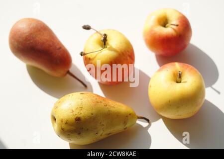 Three yellow orange apples and two pears on a white sunny table. Stock Photo