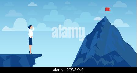 Vector of a business woman looking at her goal, mountain with red flag on the top Stock Vector