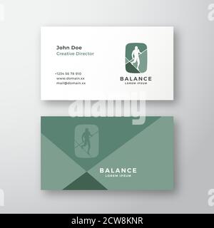 Balance Abstract Vector Sign or Logo and Business Card Template. Negative Space Equilibrist or a Tightrope Walker Sign with Typography. Premium Stock Vector