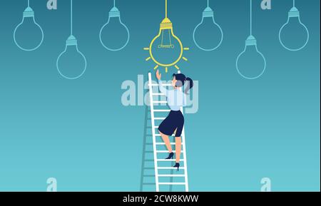 Vector of a businesswoman climbing up a ladder to reach bright idea light bulb on top Stock Vector