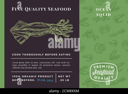 Premium Quality Seafood Abstract Vector Squid Packaging Design or Label. Modern Typography and Hand Drawn Sketch Seamless Pattern Background Layout of Stock Vector