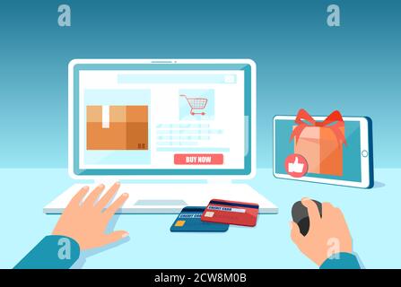 Vector of a man shopping online and and making orders using a laptop computer Stock Vector