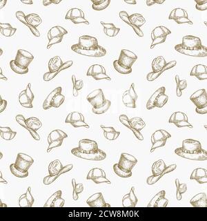 Hats Vector Seamless Background Pattern. Hand Drawn Cowboy Hat, Cylinder, Snapback Cap and Italian Hat Sketches. Head Wear Card, Wrapping, Wallpaper Stock Vector