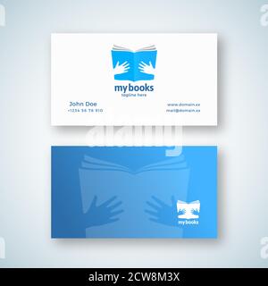 My Books Abstract Vector Sign or Logo and Business Card Template. Open Book in Hands Symbol with Modern Typography. Negative Space Concept. Premium Stock Vector