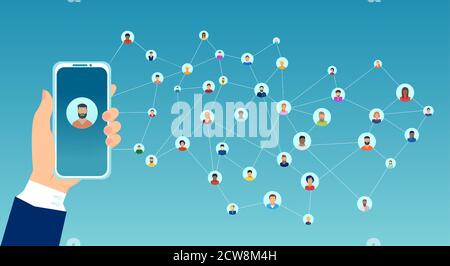 Vector of a woman hand holding smartphone connected to a large group of interconnect people Stock Vector