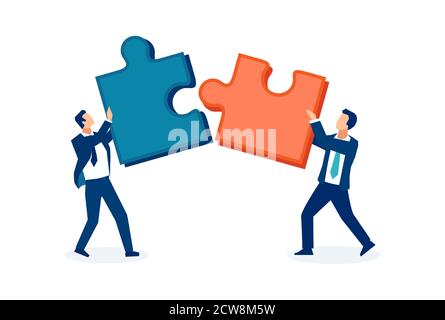 Vector of two business men connecting together two puzzle pieces Stock Vector