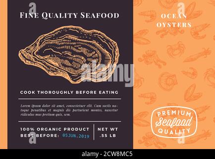 Premium Quality Seafood Abstract Vector Oysters Packaging Design or Label. Modern Typography and Hand Drawn Sketch Seamless Pattern Background Layout Stock Vector