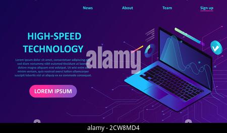 High speed technology concept. Vector landing page of a laptop with wireless fast internet. Stock Vector