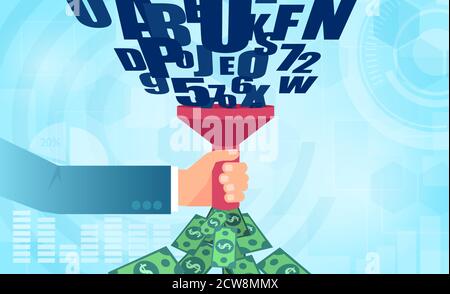 Vector of a businessman with funnel transforming personal data information into money Stock Vector