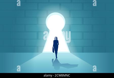 Vector of a brave businesswoman entering a door in a shape of a keyhole Stock Vector