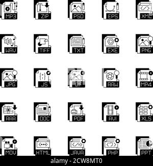 File extensions black linear icons set Stock Vector