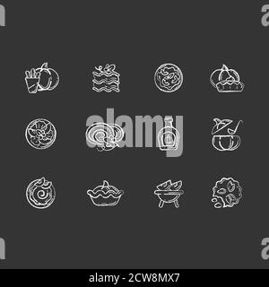 Pumpkin recipes chalk white icons set on black background Stock Vector