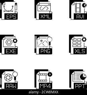 File formats black linear icons set Stock Vector