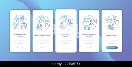 Psychotherapy different kinds onboarding mobile app page screen with concepts Stock Vector