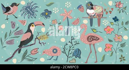 Big Tropical Collection with exotic birds. Flamingo, Parrots, toucan, Australian bird kiwi, small bird plus tropical plants and flowers. Hand Drawn El Stock Vector