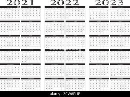 Calendar for 2021 2022 and 2023 year. Months and weeks, vector template ...