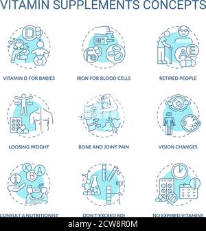Vitamin supplements concept icons set Stock Vector