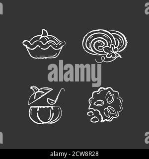 Autumn dishes recipes chalk white icons set on black background Stock Vector