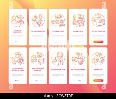 Remote work app features onboarding mobile app page screen with concepts set Stock Vector