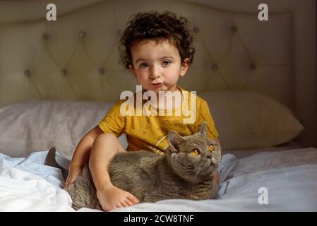 Little boy relaxing on the bed with his cat. Portrait of a small cute kid with curly hair playing with british cat. Selective focus on baby face. Stock Photo