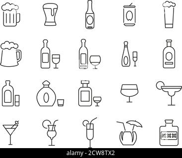 Alcoholic Drinks Icons Thin Line Set Big Stock Vector