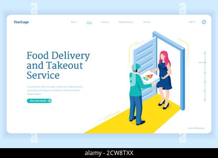 Food delivery and takeout service. Shipping order from restaurant, catering or store to house door. Vector landing page with isometric illustration of courier delivers pizza Stock Vector
