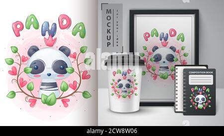 Cute panda in leaf - poster and merchandising. Stock Vector