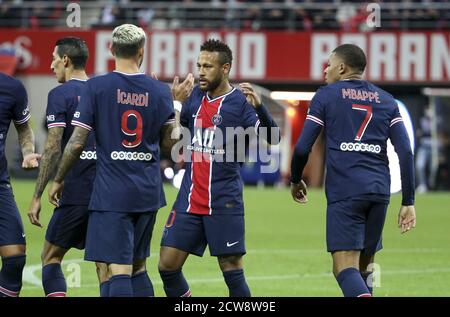 Mauro Icardi of PSG celebrates his goal with Neymar Jr, Kylian Mbappe during the French championship Ligue 1 football match between Stade de Reims and Stock Photo