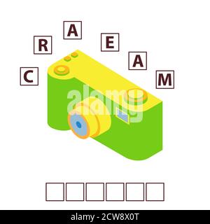 Game words puzzle isometry photo toy camera.Education developing child. Stock Vector