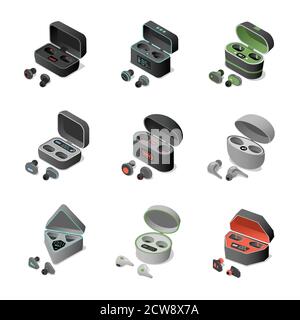 Set of different wireless headphones in rechargeable Bluetooth cases. Modern earbuds vector isometric 3d illustration isolated on white background. Stereo gadgets for listening to music. Stock Vector