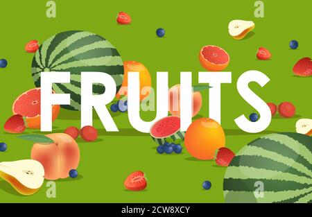 Fruits word vector cartoon banner design. Watermelons, pears, peaches, grapefruits, blueberries, and strawberries illustration. Fruits and berries poster template for restaurant or cafe. Stock Vector