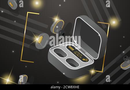 Wireless headphones and charging case for earbuds vector isometric illustration isolated on bright dark background. Modern rechargeable gadget for listening to music banner design. Stock Vector