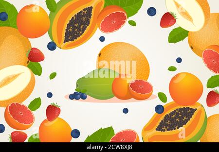 Fresh melons, grapefruits, blueberries, strawberries, and papaya frame design. Fresh tropical fruits and berries vector cartoon illustration. Healthy vegan menu background for cafe or restaurant. Stock Vector