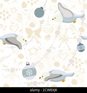 Cute Seamless Winter Pattern with owls and winter doodles. Vector Illustration. Stock Vector