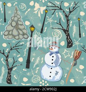 Cute Winter Background with Snowman Character, Street Lantern and Spruce Tree. Vector Illustration. Stock Vector