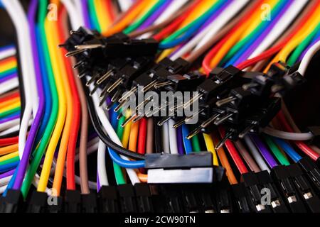 Multi colored wires for electronic devices close up Stock Photo