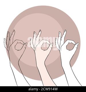 Ok sign Yes Hand sign set. Okay Light skin and Black on white hands Okey hand silhouette. All right fingers Vector Woman hand. Female wrist. . Vector illustration Stock Vector