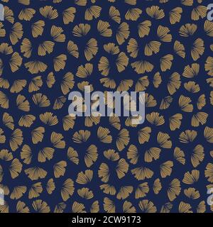 Gingko seamless vector pattern. Blue china background. Gold ginko leaves silhouette pattern. Floral Japanese outline ornament. Vector illustration Stock Vector