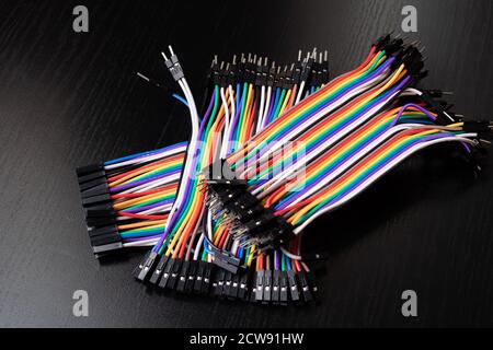 Multi colored wires for electronic devices close up Stock Photo