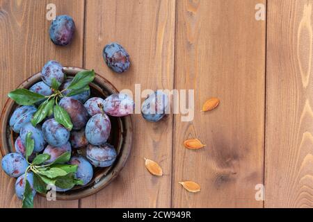 A few washed ripe blue plums in a brown dish on the wooden table. Several bones lie separately. Copy space. The view from the top Stock Photo