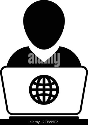 e Learning icon vector person with laptop computer for online education male user person profile avatar globe symbol in a flat color glyph pictogram Stock Vector