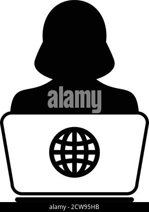 User icon vector working from home with laptop computer female Person profile avatar and globe symbol for business and finance in a flat color glyph Stock Vector