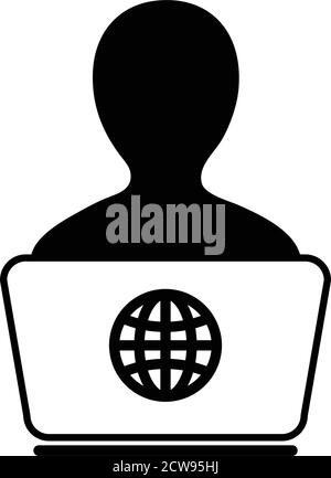 Office icon vector person with laptop computer male user person profile avatar and globe symbol for working online from home in a flat color glyph Stock Vector