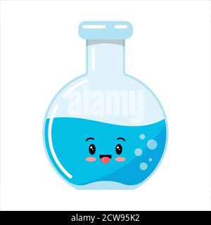 Glass test tube or flack emoji icon with blue liquid reagents with bubbles isolated on white background. Stock Vector