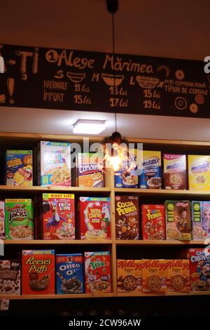 Types of Cereals on display in a coffee shop, milk and cereal shop Stock Photo